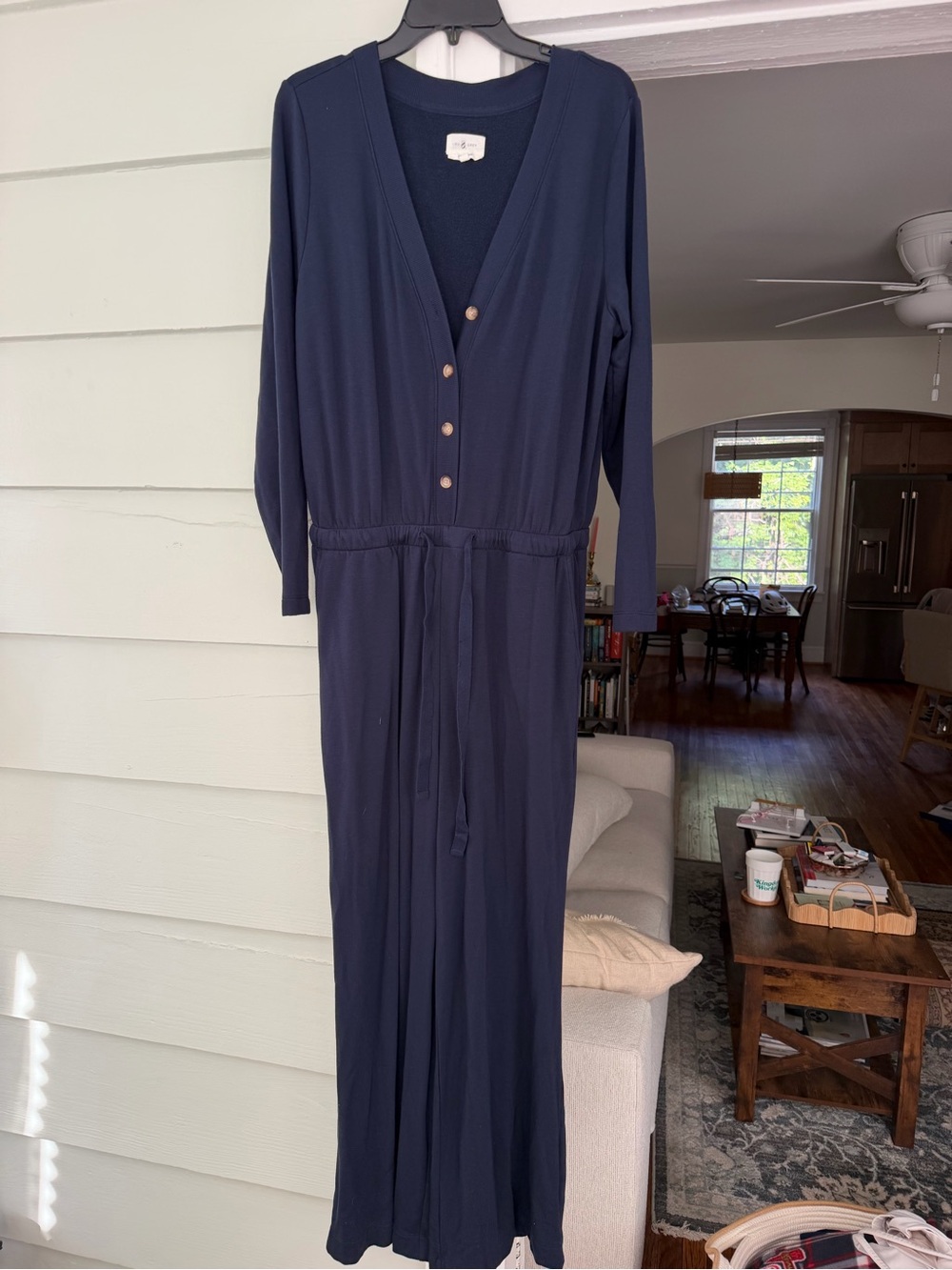 Lou & Grey Navy Long-Sleeve V-Neck Jumpsuit Dress with Drawstring